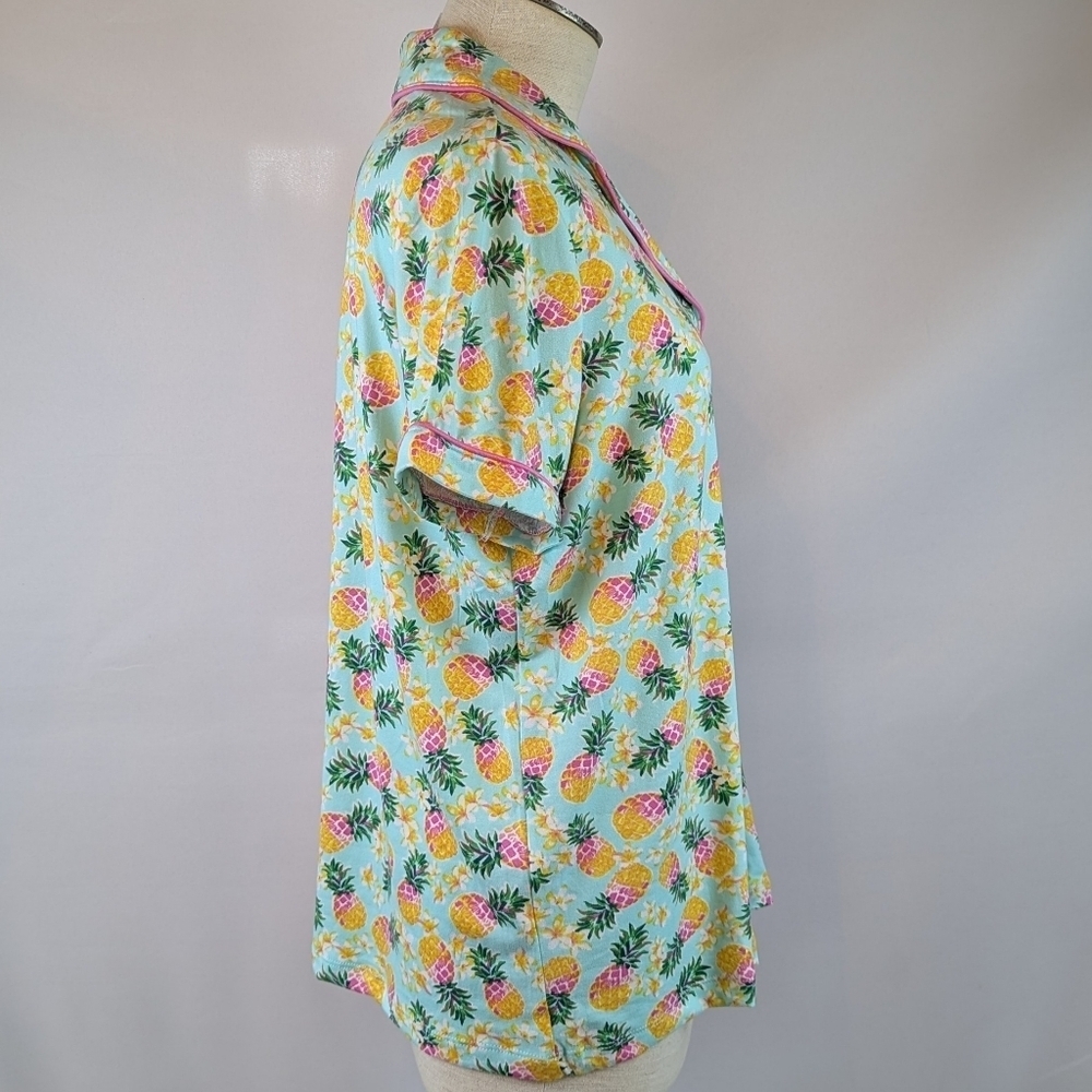Pillow Talk Tropical Pineapple Print PJ Set Short Sleeve Top Pants Aqua M NWT - Picture 8 of 12